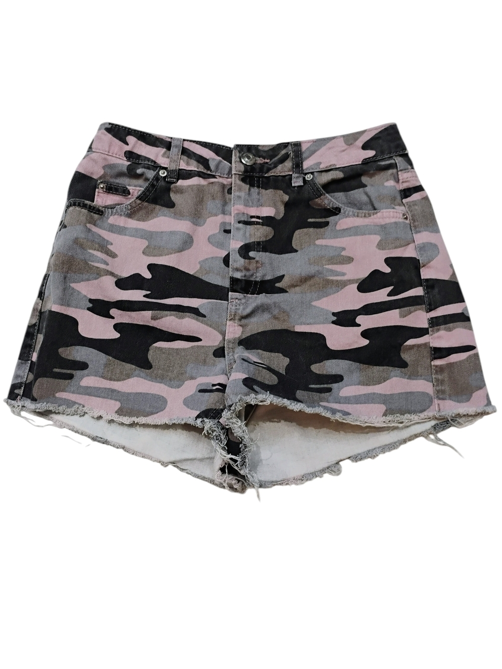 TopShop Moto Mom Pink Camo High-Rise Denim Shorts SZ 8